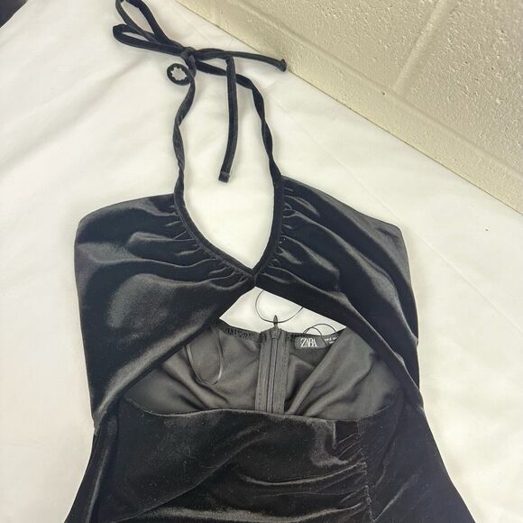 Zara Black Velvet Open Cut Front Halter Tie Mini Dress Sz S - Picture 5 of 8